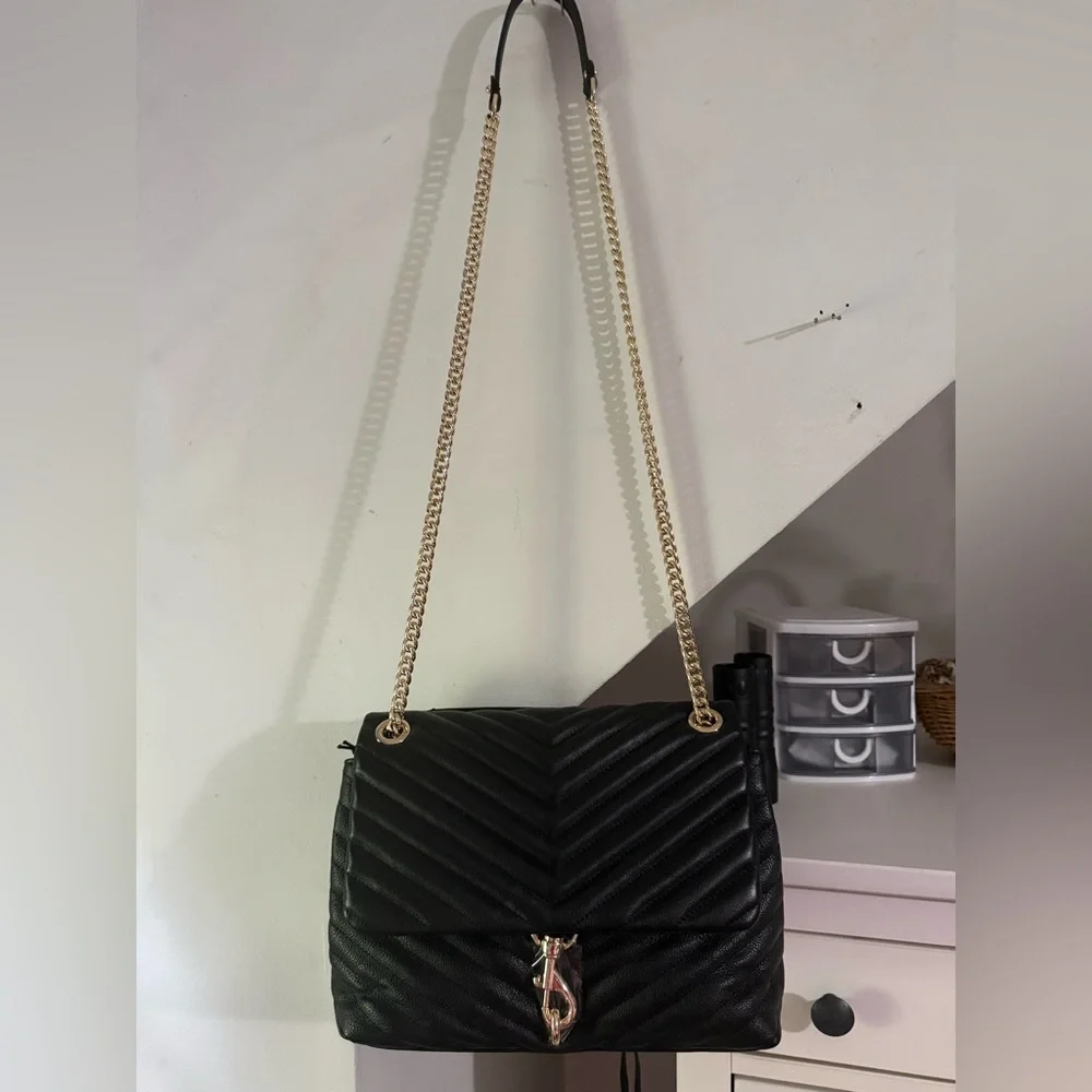 Rebecca Minkoff Black leather Edie chevron Shoulder Bag with Gold Chain NWT